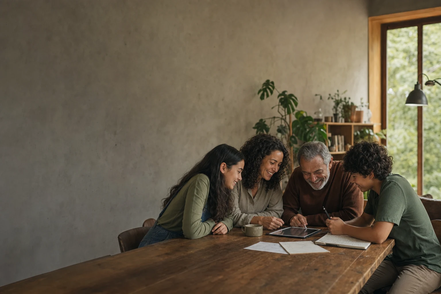 Família reunida ao redor de uma mesa, criando com papel, caneta e tecnologia
